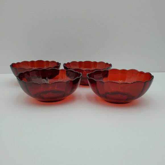 Arcoroc France Ruby Red Dessert Bowls Red Glass Scalloped Fruit Berry Bowls - Picture 3 of 8